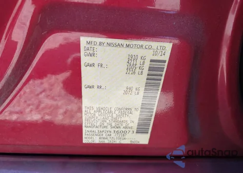 2015 Nissan Altima 2.5/S/Sv/Sl z USA, uszkodzony, nr VIN 1N4AL3AP2FN360073